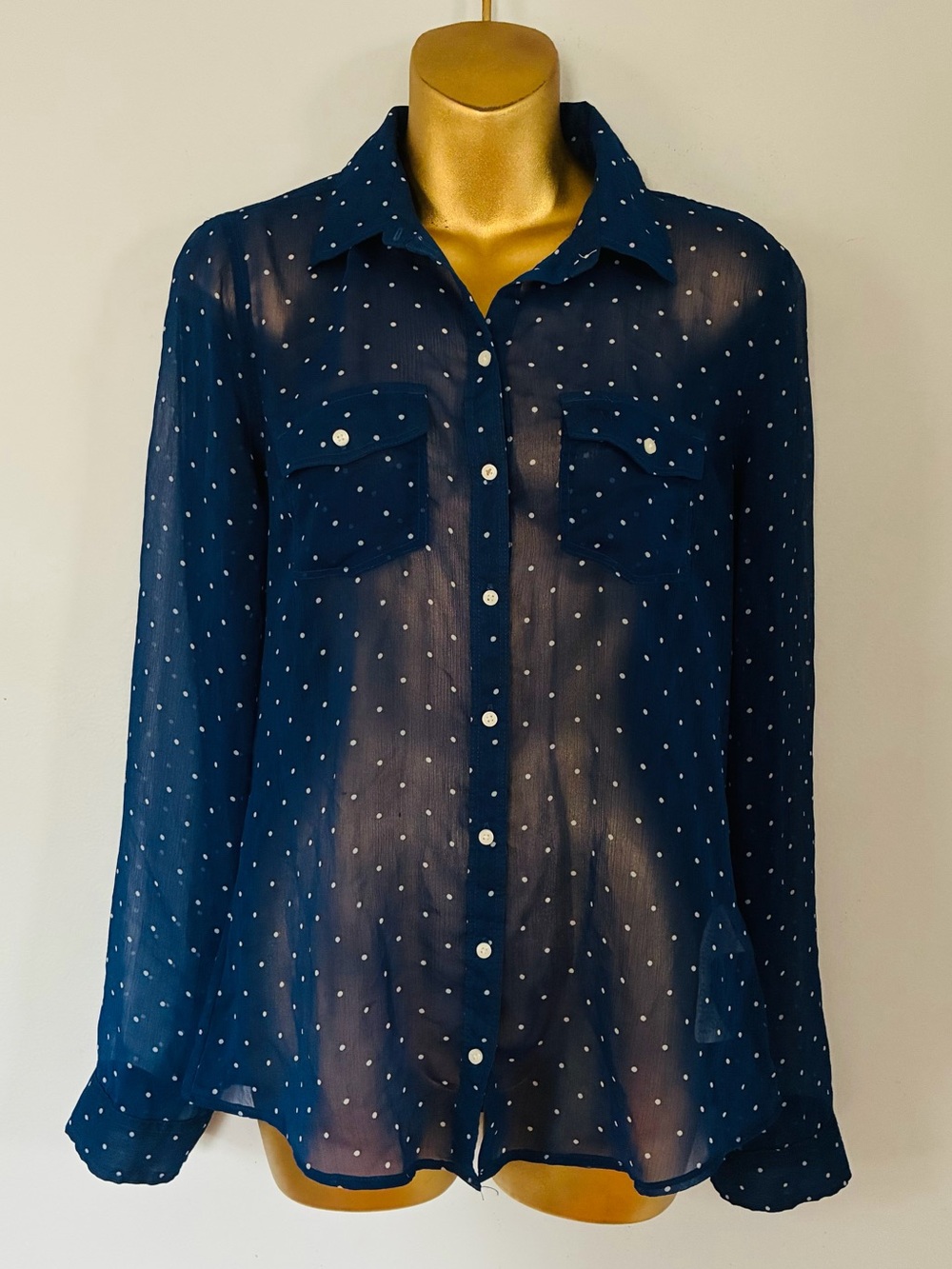 Abercrombie & Fitch Navy Polka Dot Sheer Button Down Blouse Top Size S - Picture 2 of 5